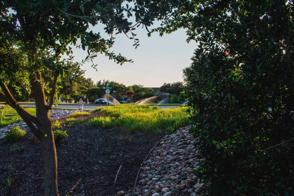 LPT crew maintaining a commercial landscape in Dallas-Fort Worth